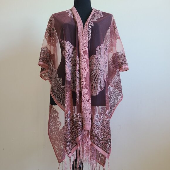 SO Pink Lace Kimono Wrap Paisley Fringe Sheer Cover-Up New - Picture 1 of 7